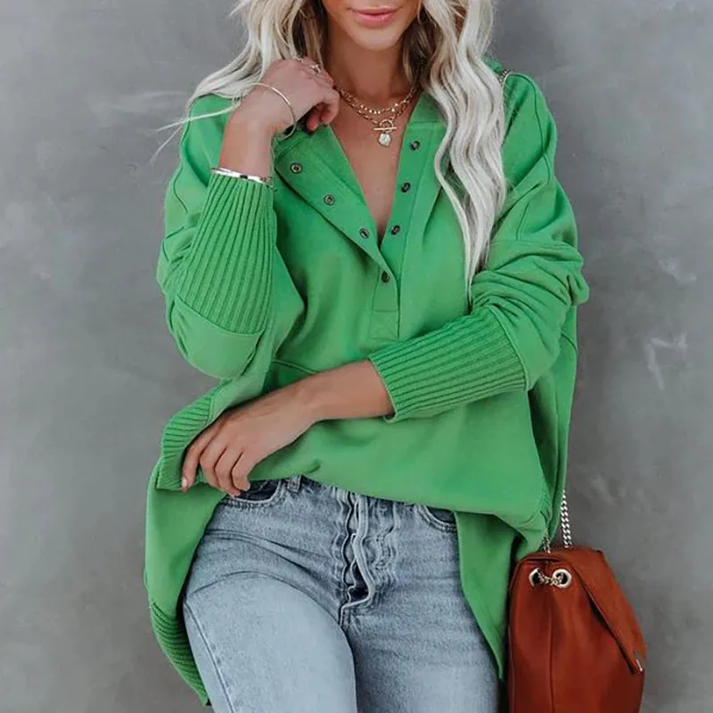 UAKISS  -  Autumn Women Casual Hooded Button Blouse Female Elegant Solid Patchwrok Pocket Loose Tops Streetwear Long Sleeve Femme Pullovers