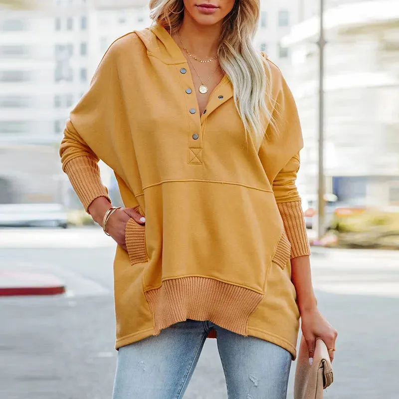 UAKISS  -  Autumn Women Casual Hooded Button Blouse Female Elegant Solid Patchwrok Pocket Loose Tops Streetwear Long Sleeve Femme Pullovers