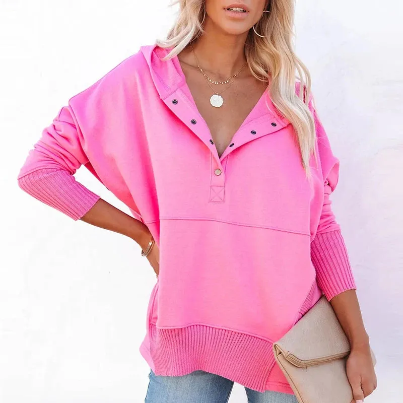 UAKISS  -  Autumn Women Casual Hooded Button Blouse Female Elegant Solid Patchwrok Pocket Loose Tops Streetwear Long Sleeve Femme Pullovers