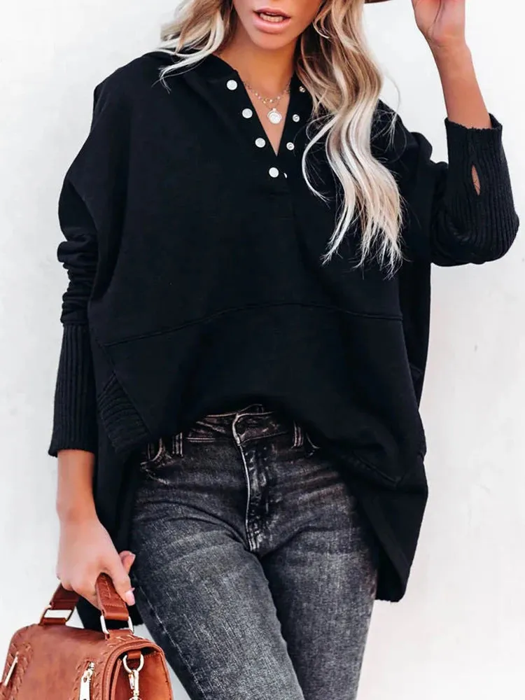 UAKISS  -  Autumn Women Casual Hooded Button Blouse Female Elegant Solid Patchwrok Pocket Loose Tops Streetwear Long Sleeve Femme Pullovers
