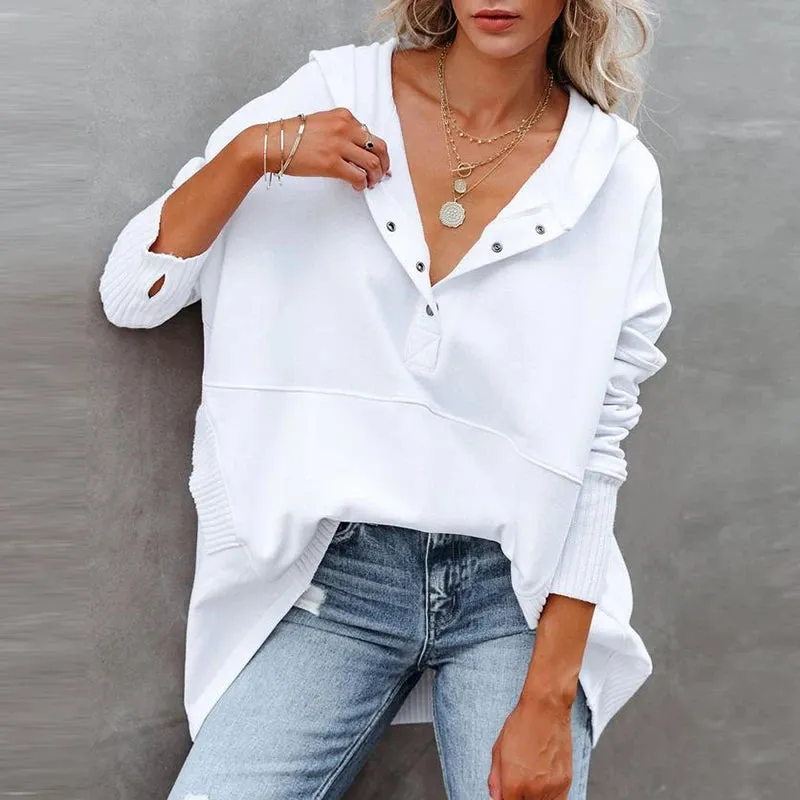 UAKISS  -  Autumn Women Casual Hooded Button Blouse Female Elegant Solid Patchwrok Pocket Loose Tops Streetwear Long Sleeve Femme Pullovers