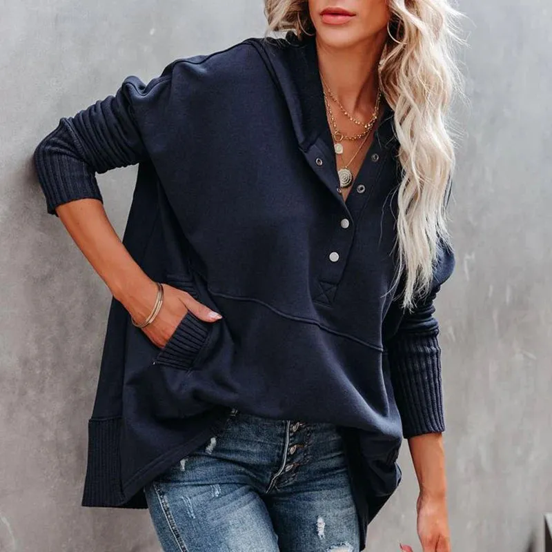 UAKISS  -  Autumn Women Casual Hooded Button Blouse Female Elegant Solid Patchwrok Pocket Loose Tops Streetwear Long Sleeve Femme Pullovers