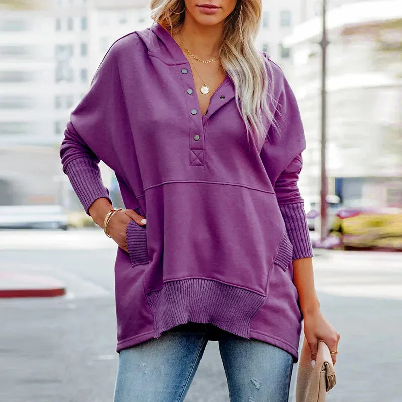 UAKISS  -  Autumn Women Casual Hooded Button Blouse Female Elegant Solid Patchwrok Pocket Loose Tops Streetwear Long Sleeve Femme Pullovers