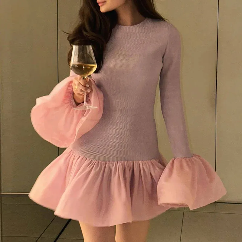 UAKISS  -  Fall Lady O-neck Slim Party Dress Fashion Color Blocked Flared Sleeve A-line Dress Casual Ribbed Knitted Patchwork Short Dresses