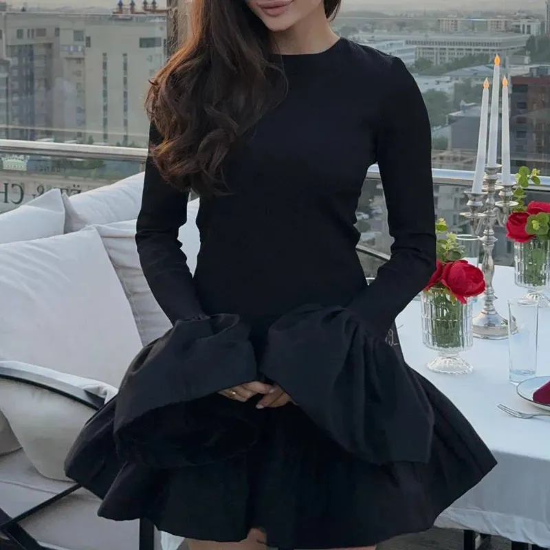 UAKISS  -  Fall Lady O-neck Slim Party Dress Fashion Color Blocked Flared Sleeve A-line Dress Casual Ribbed Knitted Patchwork Short Dresses