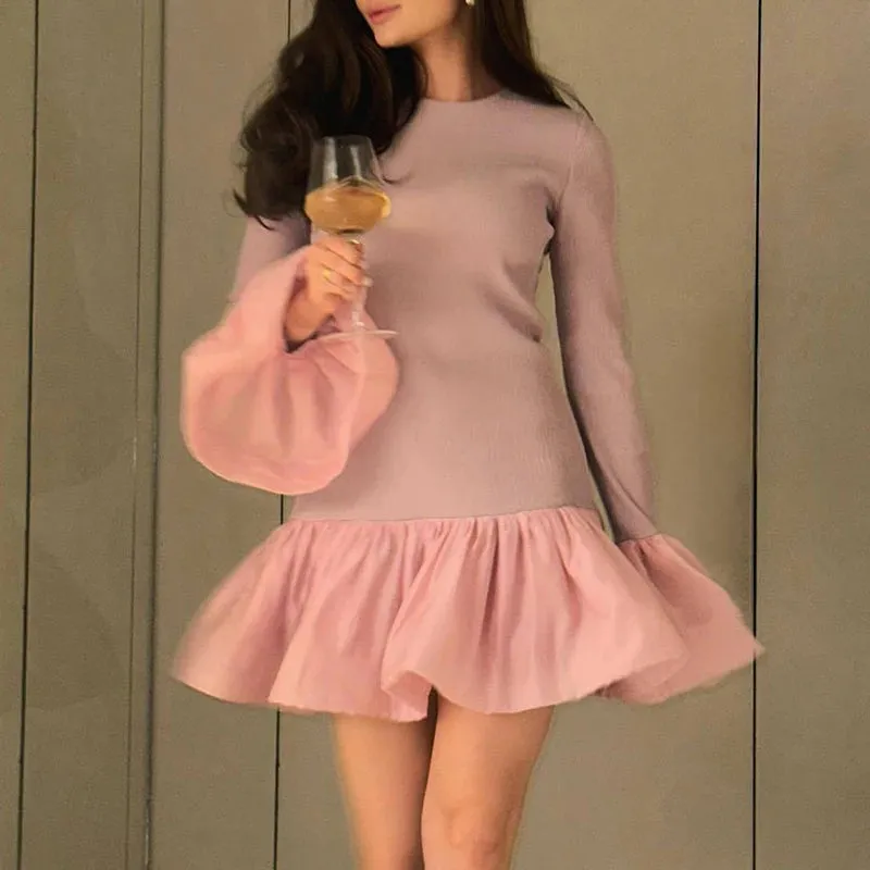 UAKISS  -  Fall Lady O-neck Slim Party Dress Fashion Color Blocked Flared Sleeve A-line Dress Casual Ribbed Knitted Patchwork Short Dresses