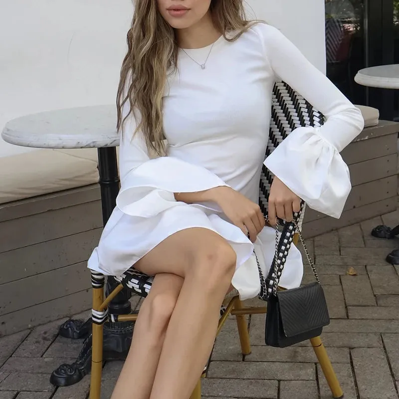 UAKISS  -  Fall Lady O-neck Slim Party Dress Fashion Color Blocked Flared Sleeve A-line Dress Casual Ribbed Knitted Patchwork Short Dresses