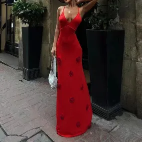 UAKISS  -  Summer Beach Sleeveless Slim Knitted Dress Sexy Hollow V-neck Women's Club Party Dress Fashion Rose Patchwork Solid Long Dresses