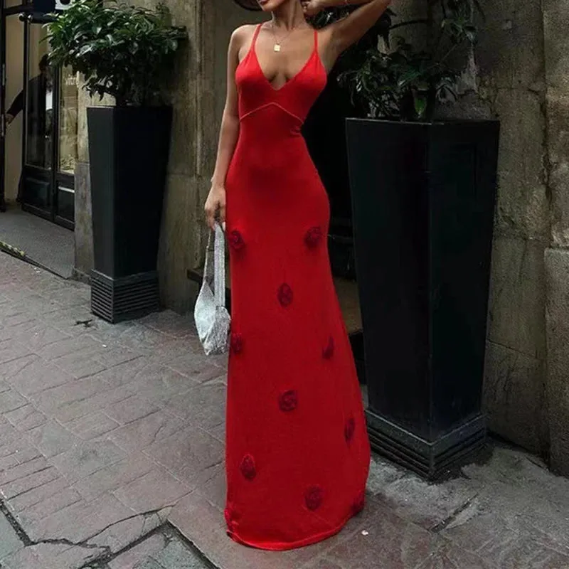 UAKISS  -  Summer Beach Sleeveless Slim Knitted Dress Sexy Hollow V-neck Women's Club Party Dress Fashion Rose Patchwork Solid Long Dresses
